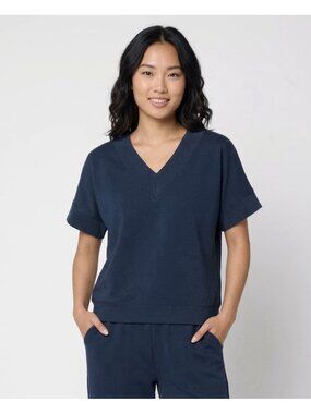 Carla Rockmore Collection French Terry Modern V-Neck Sweatshirt Forest Blue XS